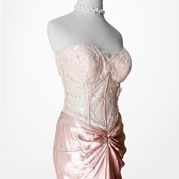 Vintage Silk Blend Pink Strapless Floral Beaded Lace Maxi Prom Dress Size M - Picture 6 of 8